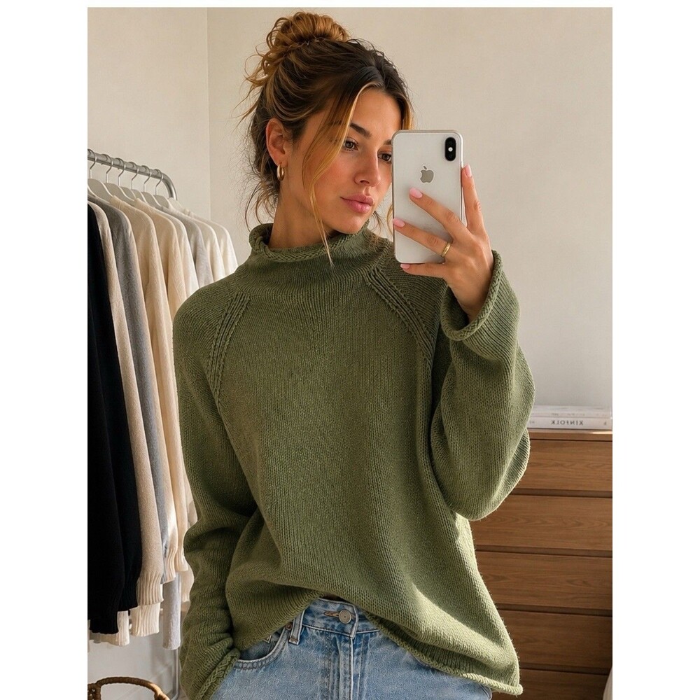 J Crew Rollneck Sweater Womens L Green 1988 Cotton Knit Fisherman Oarsman BW186